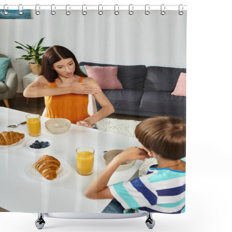 Personality  A Mother Attentively Communicates With Her Son While Enjoying Breakfast Together At Home. Shower Curtains