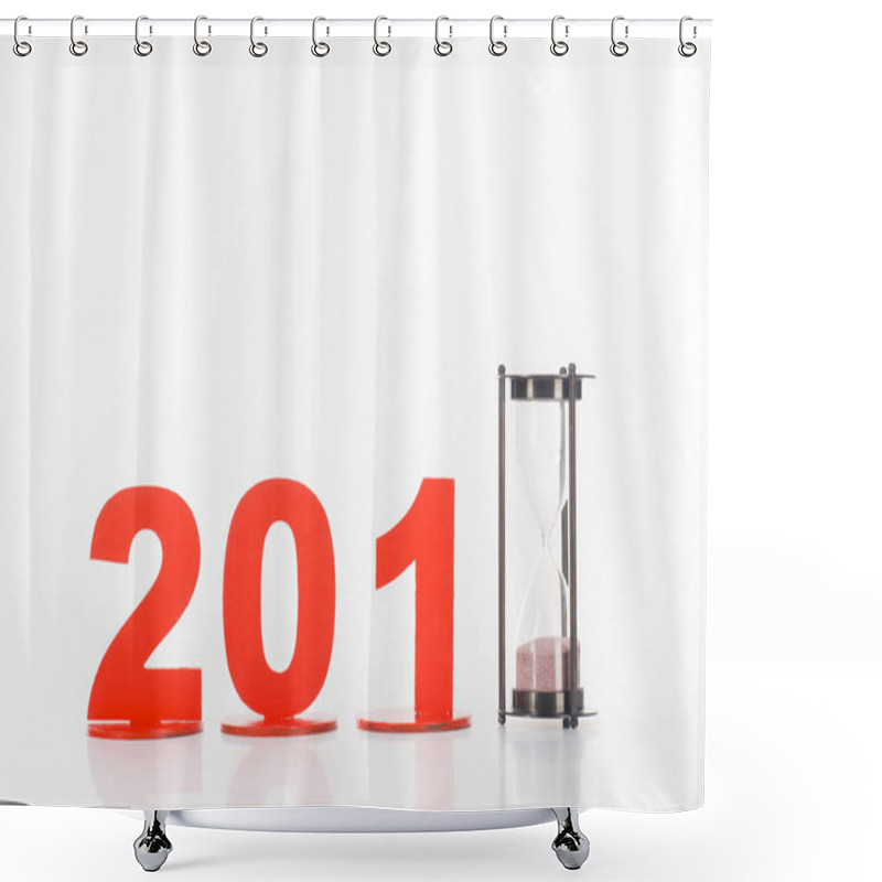 Personality  Close Up View Of Sand Clock And 2018 Year Sign Isolated On White Shower Curtains