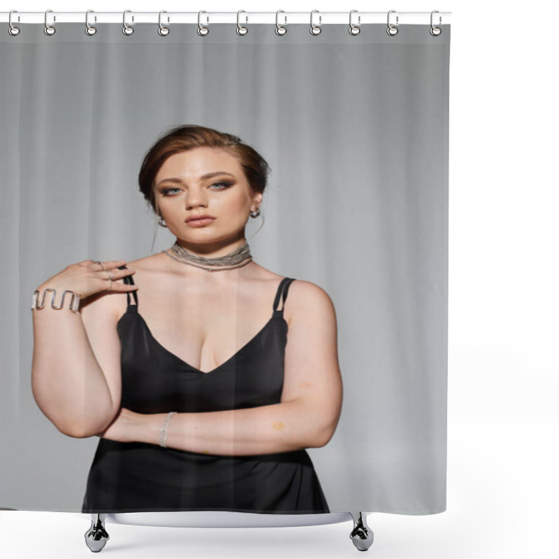 Personality  A Beautiful Woman In Sophisticated Attire Poses Gracefully, Exuding Confidence And Style. Shower Curtains