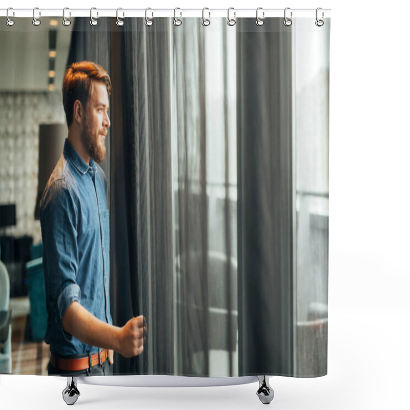 Personality  Man Enjoying View From Luxurious Hotel Room Shower Curtains