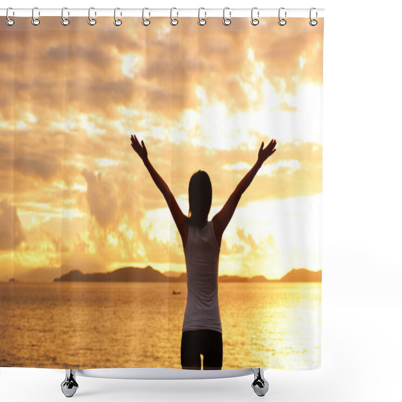 Personality  Cheering Woman Hiker With Open Arms Shower Curtains