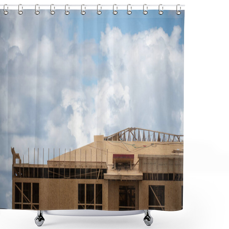 Personality  Construction Site. Roof Structure. Roofing Wooden House Frame. Roof At Construction Site. Construction Builders. Industrial. Industrial Background Shower Curtains