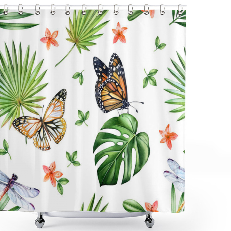 Personality  Watercolor Tropical Seamless Pattern. Monarch Butterflies, Dragonflies And Monstera Leaves Isolated On White. Small Orchid Flowers. Botanical Floral Background For Surface, Textile, Wallpaper Design Shower Curtains