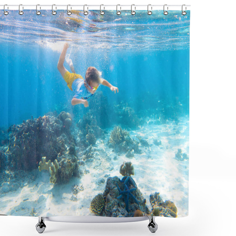 Personality  Child Snorkeling. Kids Swim Underwater. Beach And Sea Summer Vacation With Children. Little Boy Watching Coral Reef Fish. Marine Life On Exotic Island. Kid Swimming And Diving With Snorkel And Mask. Shower Curtains