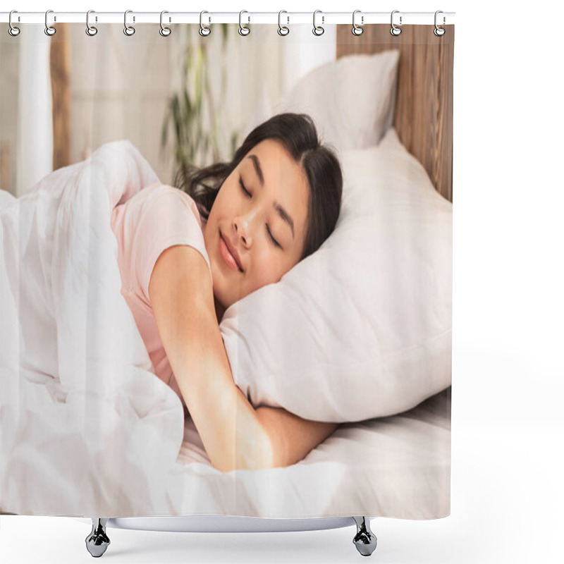 Personality  Asian Woman Sleeping Lying In Bed At Home Hugging Pillow Shower Curtains