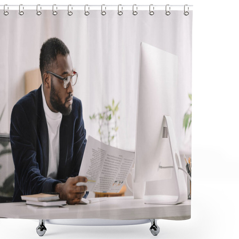 Personality  Bearded African American Businessman Holding Document And Working With Computer At Workplace Shower Curtains