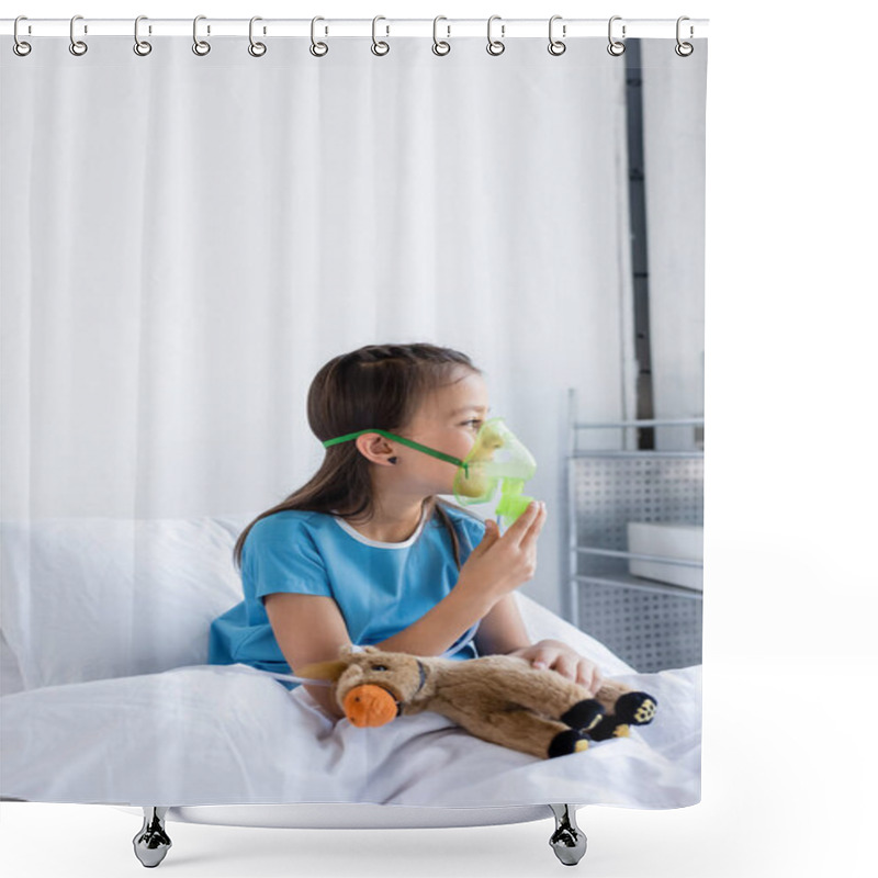 Personality  Side View Of Child Holding Oxygen Mask And Toy On Bed In Hospital Ward  Shower Curtains