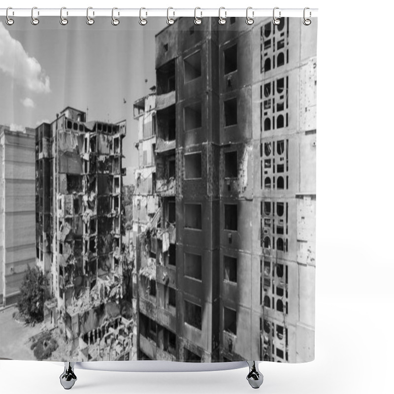 Personality  This Stock Black And White Photo Shows The Aftermath Of The War In Ukraine - A Destroyed Residential Building In Borodyanka, Bucha District Shower Curtains