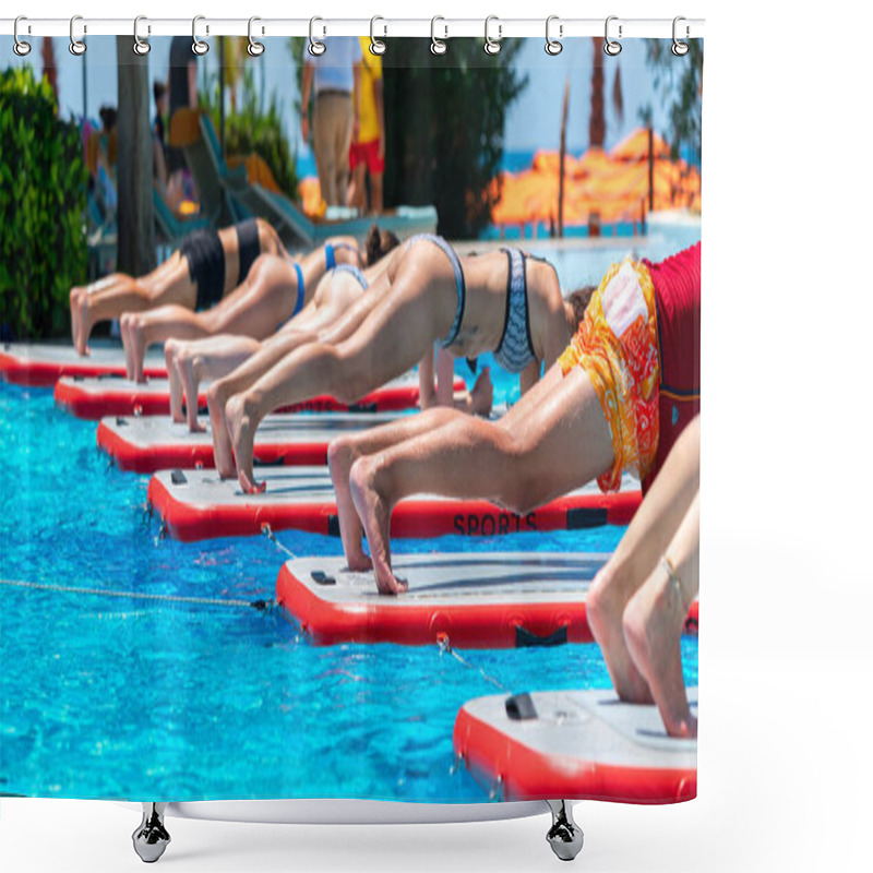 Personality  A Detailed View Of Individuals Performing Yoga On Paddleboards Floating In A Bright Pool Surrounded By Tropical Greenery. Concept Of Unique Aquatic Workouts And Active Vacations Shower Curtains