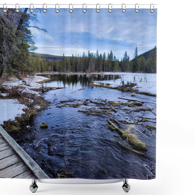 Personality  A Clear Stream Flows Through A Snowy Forest, With Evergreens Lining The Banks Under A Blue Sky. Captures The Beauty Of Winter. Shower Curtains