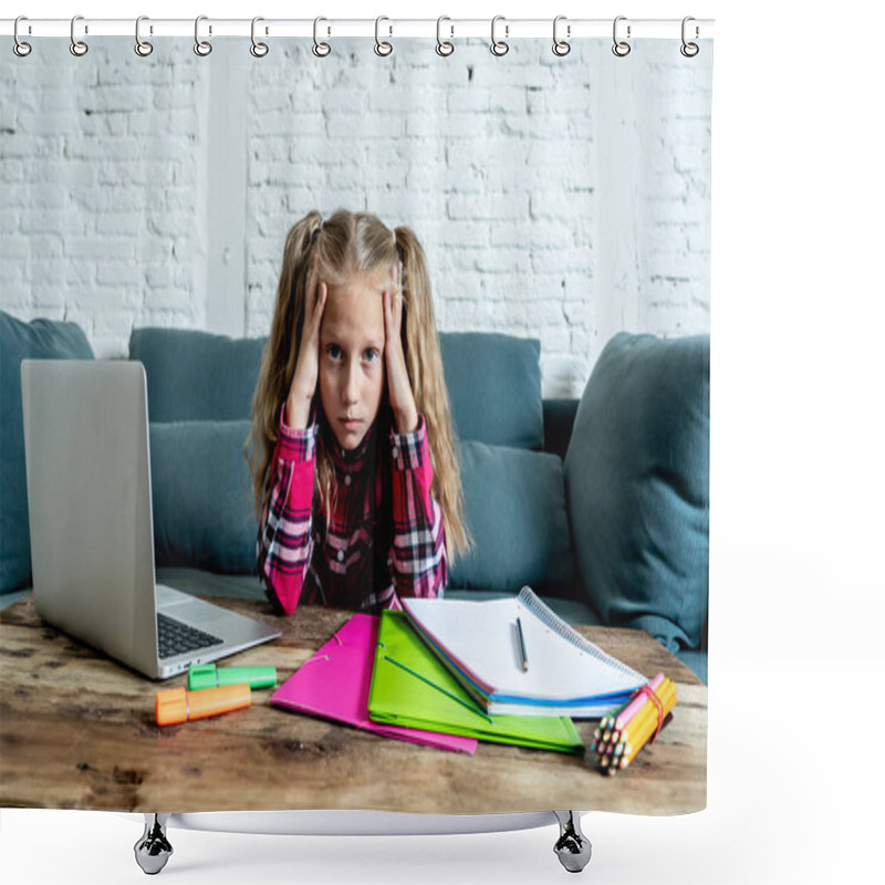 Personality  Cute Elementary Student Feeling Sad And Confusing While Doing Difficult Assignment With Her Laptop At Home. Homework And Children Education Concept. Shower Curtains