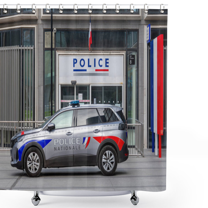 Personality  Puteaux, France - October 9, 2023: French National Police Patrol Vehicle Parked In Front Of The Entrance To The Police Station In The Paris La Defense District Shower Curtains