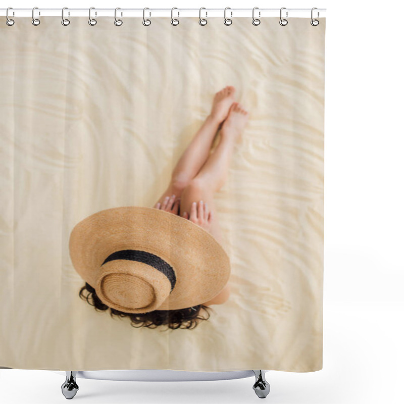 Personality  Top View Of Young Woman In Straw Hat Relaxing On Sandy Beach Shower Curtains