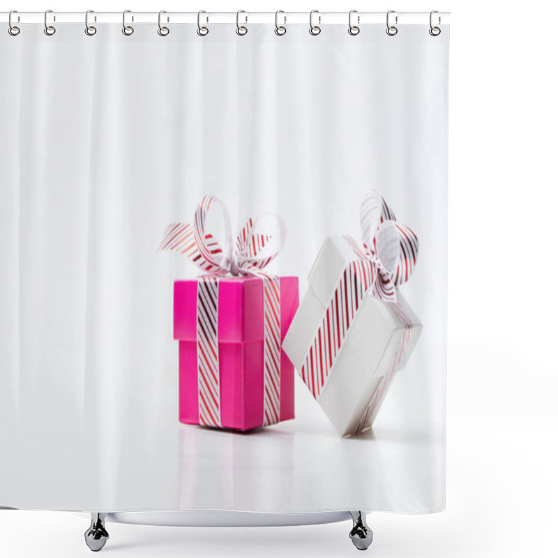 Personality  Pink And White Gift Box Tied With White Red Stripe Ribbon Shower Curtains