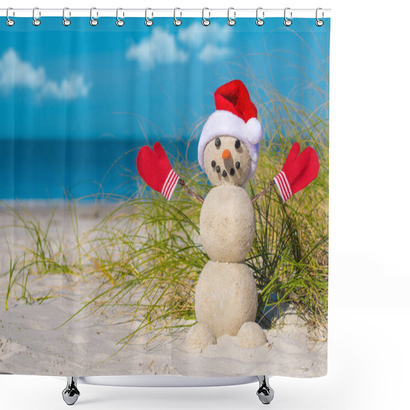 Personality  Snowman On The Beach. Sandy Christmas Snowman In Red Santa Hat And Mittens Or Gloves. Smiley Snowman At Sunny Beach. Holiday Concept For Happy New Year Post Cards. Florida Winter. Ocean White Sand. Shower Curtains