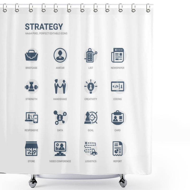 Personality  Simple Set Of Icons Such As Report, Logistics, Video Conference, Store, Card, Goal, Data, Responsive, Coding, Creativity. Related Strategy Icons Collection. Editable 64x64 Pixel Perfect. Shower Curtains