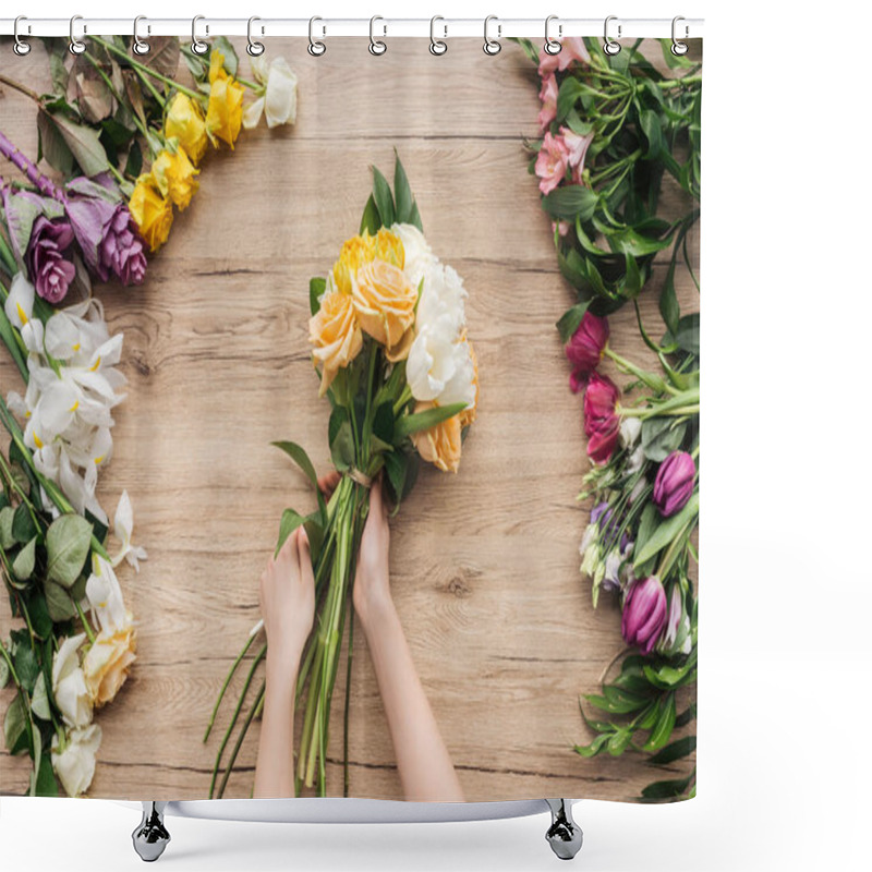 Personality  Partial View Of Florist Holding Bouquet Of Fresh Flowers On Wooden Surface Shower Curtains