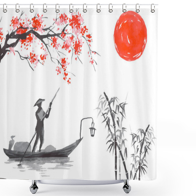 Personality  Japan Traditional Sumi-e Painting. Fuji Mountain, Sakura, Sunset. Japan Sun. Indian Ink Vector Illustration. Japanese Picture. Shower Curtains