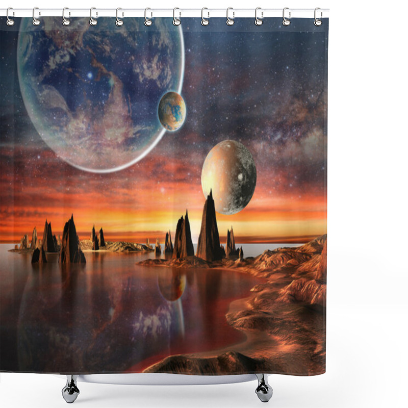 Personality  Alien Planet With Planets, Earth Moon And Mountains . Shower Curtains