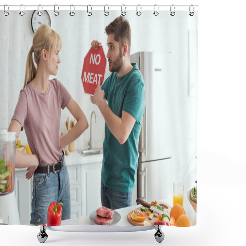 Personality  Vegan Couple With No Meat Sign At Table With Raw Meat And Vegetables In Kitchen At Home Shower Curtains