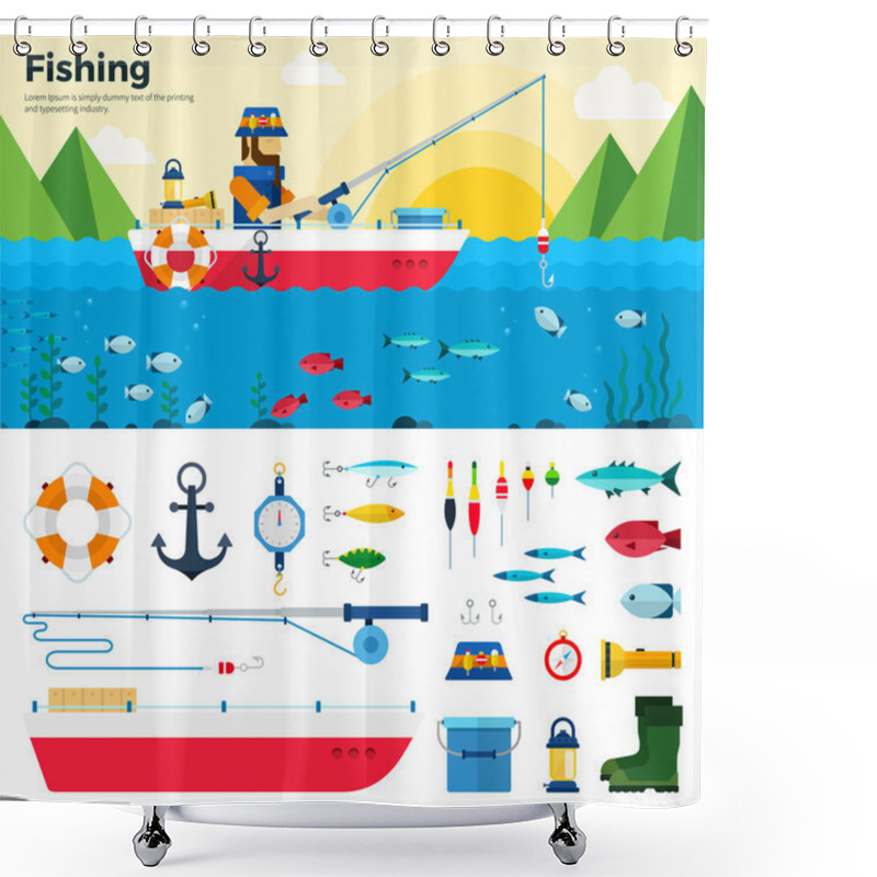 Personality  Banner Fisherman On Lake. Items Fishing Icon Set Shower Curtains