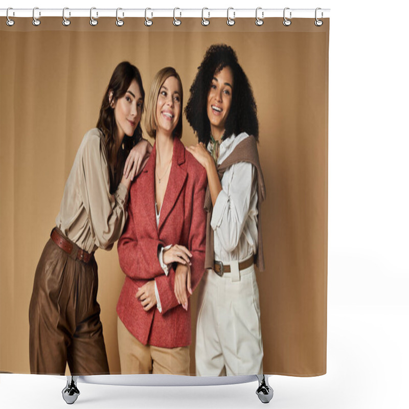 Personality  Stylish, Diverse Women Stand Together, Exuding Unity And Friendship On A Neutral Beige Backdrop. Shower Curtains