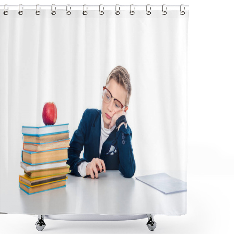 Personality  Sad Schoolboy In Glasses Sitting At Desk With Books And Apple Isolated On White Shower Curtains