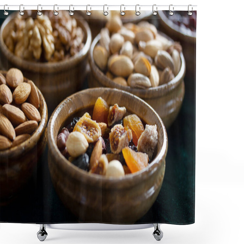 Personality  Nuts And Dried Fruits In Bamboo Plates Shower Curtains