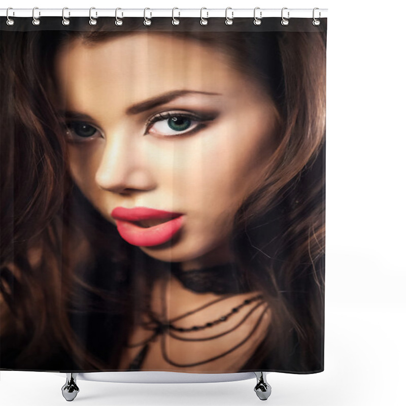 Personality  Portrait Of Sexy Woman On A Dark Metallic Background Shower Curtains