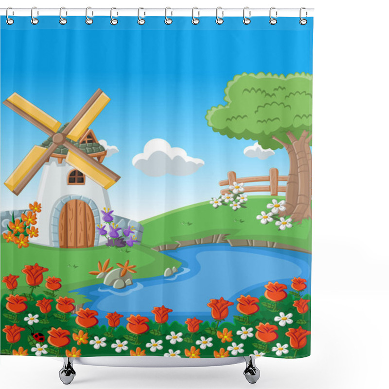 Personality  Lake And Windmill Shower Curtains