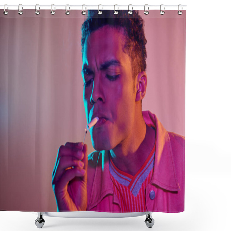 Personality  Focused African American Man Lighting Cigarette With Match Under Blue Neon Lights On Pink Background Shower Curtains