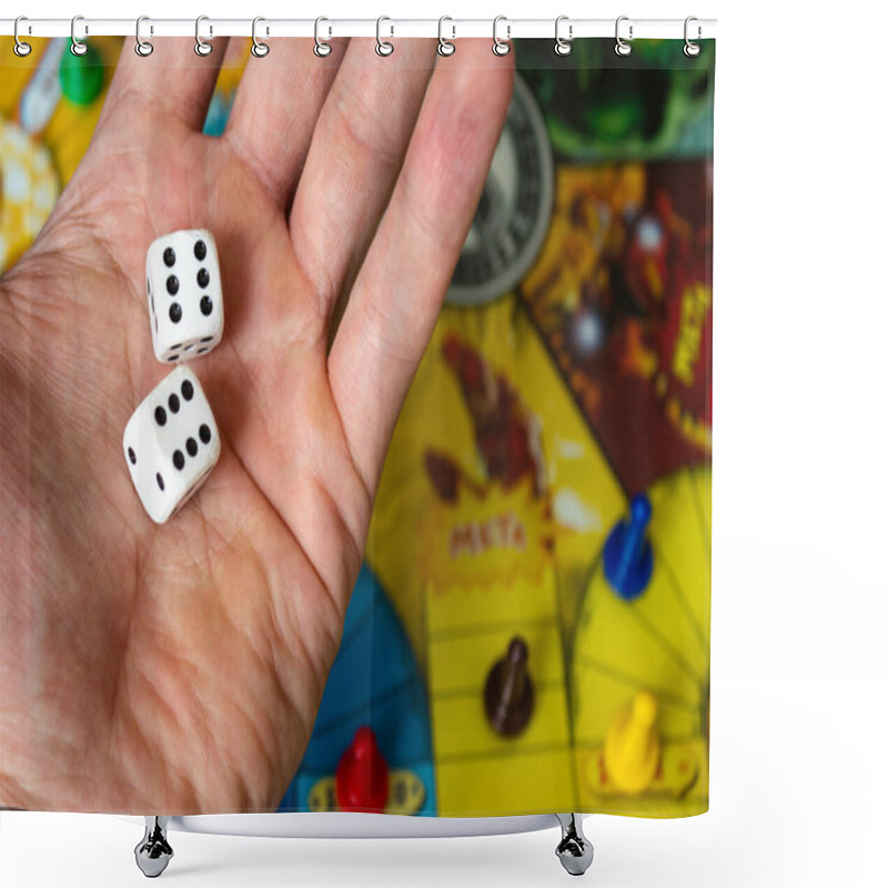 Personality  Hand Showing Up A Double Six Old White Dices Over A Board Game With Color Paws At Background. Shower Curtains