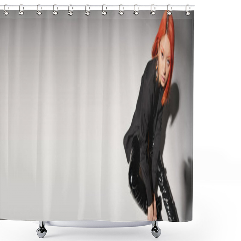 Personality  High Angle Of Asian Woman In Sexy Latex Boots And Blazer Sitting On Grey Backdrop, Banner Shower Curtains