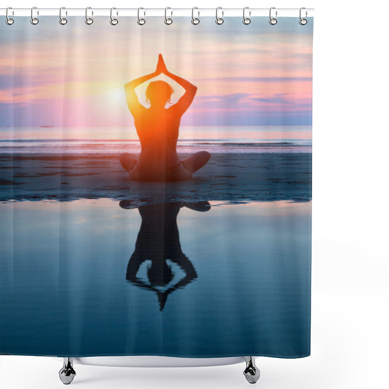 Personality  Young Woman Practicing Yoga On The Beach At Sunset Shower Curtains