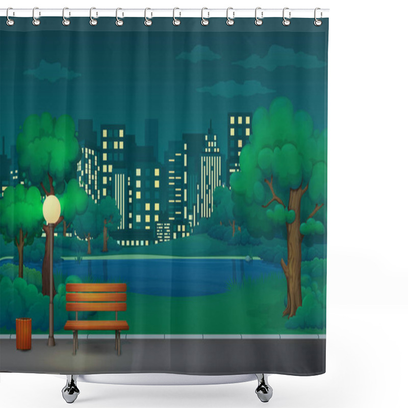 Personality  Summer, Spring Night Park Vector Illustration. Wooden Bench, Trash Bin And Street Lamp On An Asphalt Park Trail With Lush Green Trees, Bushes, Lake And Cityscape In The Background. Shower Curtains