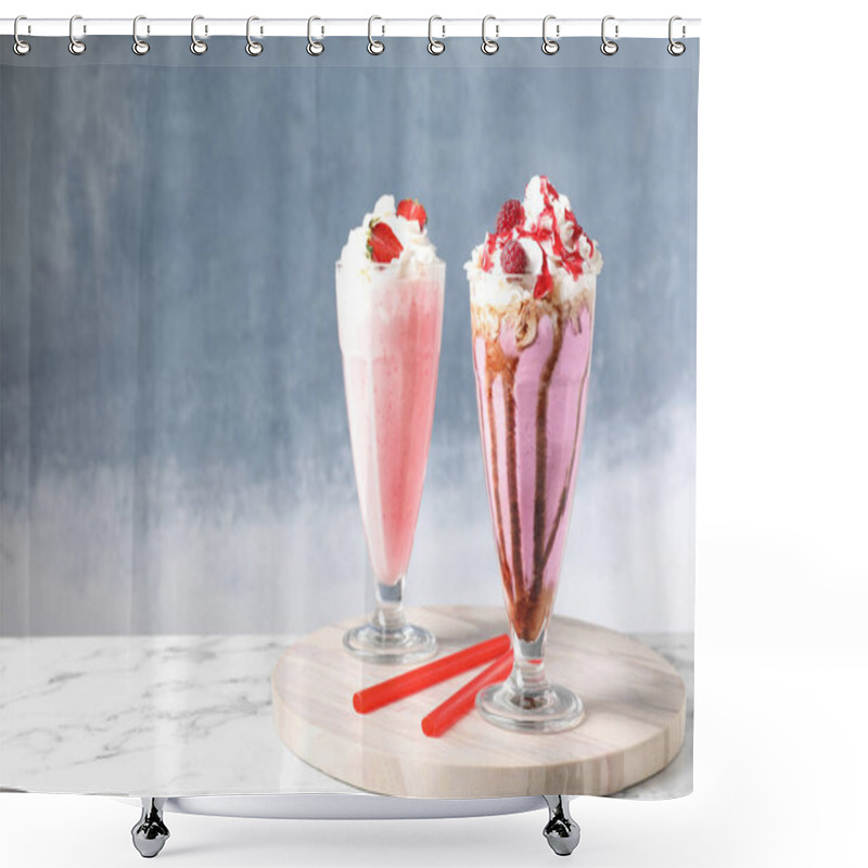 Personality  Tasty Milk Shakes With Toppings On White Marble Table Against Blue Background. Space For Text Shower Curtains