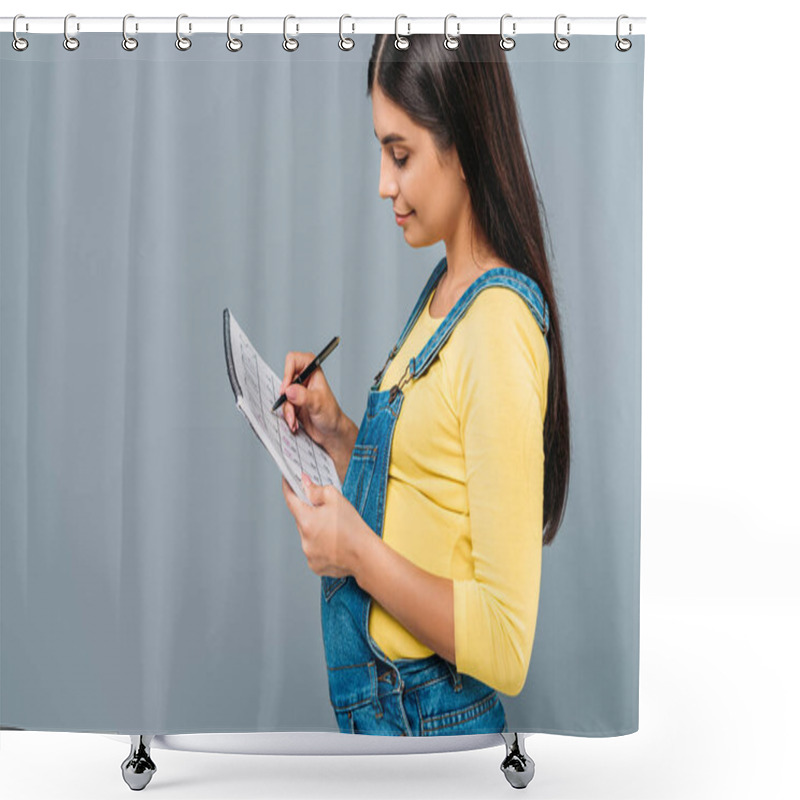 Personality  Side View Of Pregnant Pretty Girl Holding Period Calendar And Pen Isolated On Grey Shower Curtains