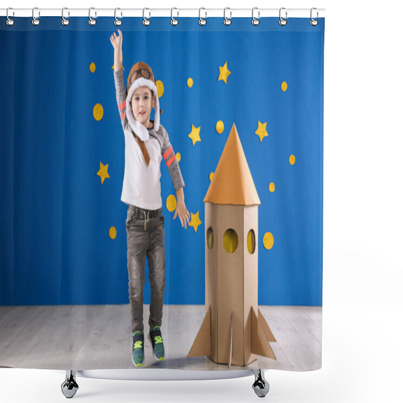 Personality  Cute Little Child Playing With Cardboard Rocket Near Blue Wall Shower Curtains