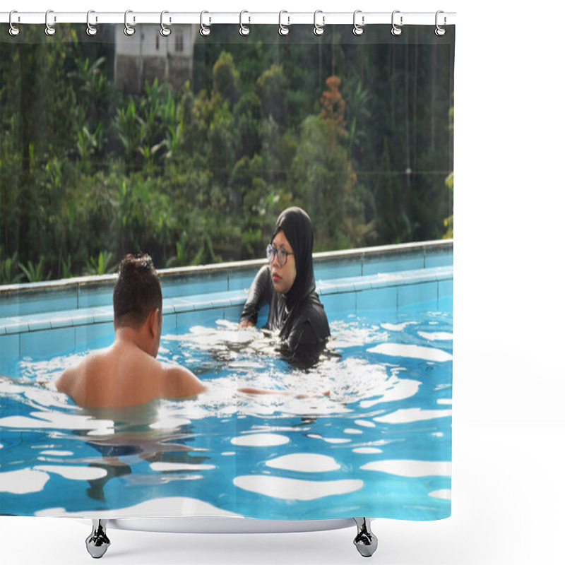 Personality  Tegal, Indonesia - July 07, 2024 : A Husband And Wife Are At The Swimming Pool Of A Villa In The Guci. View With Pine Forest Background Shower Curtains