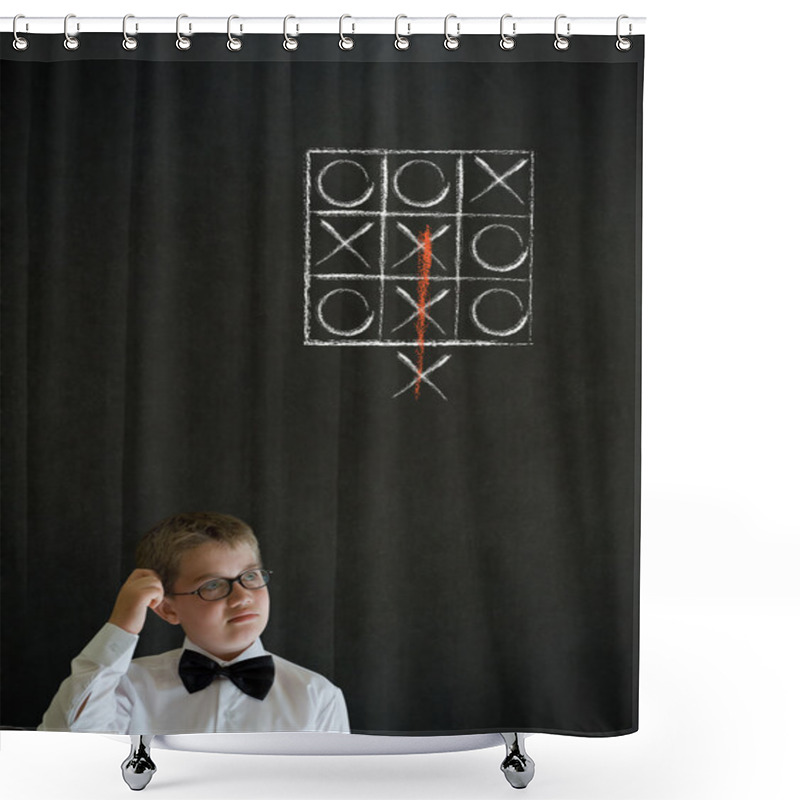 Personality  Scratching Head Thinking Boy Business Man With Thinking Out Of The Box Tic Tac Toe Concept Shower Curtains