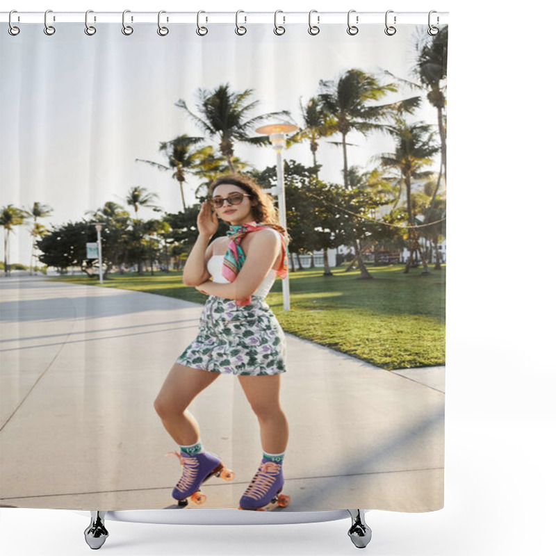 Personality  A Young Woman In Sunglasses And A Floral Skirt Skates Down A Palm Tree-lined Pathway In Miami. Shower Curtains