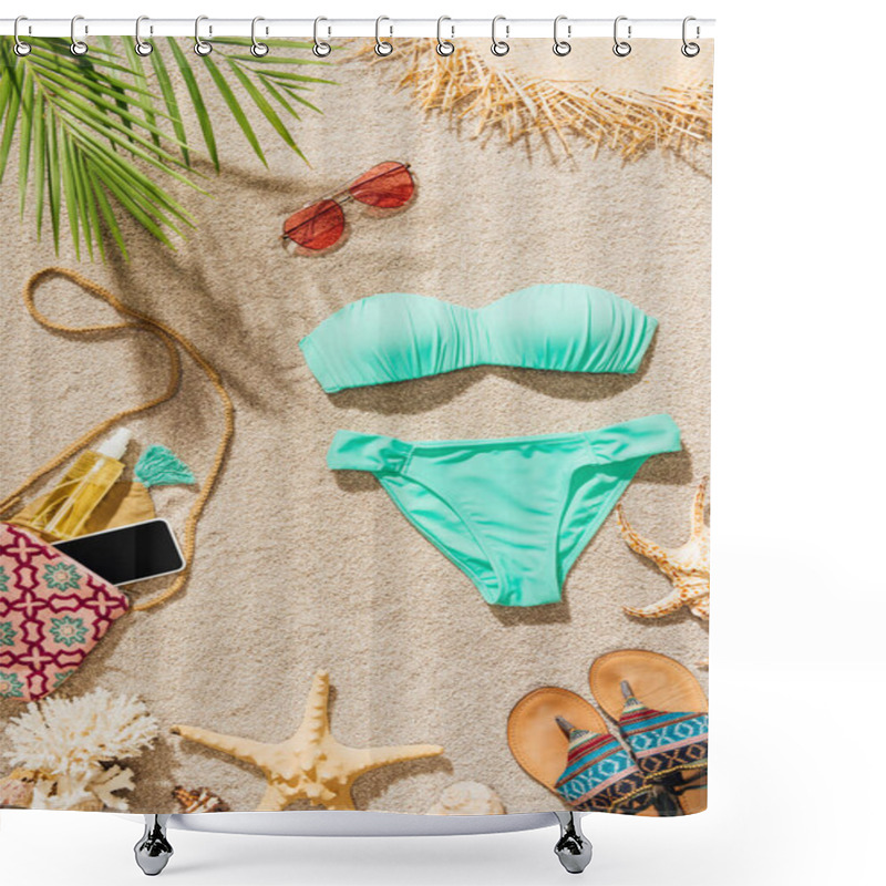 Personality  Top View Of Stylish Bikini And Various Accessories Lying On Sandy Beach Shower Curtains