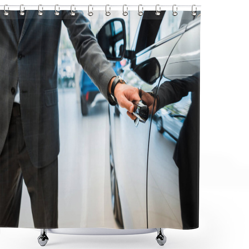 Personality  Cropped View Of Man Opening Car Door In Car Showroom  Shower Curtains