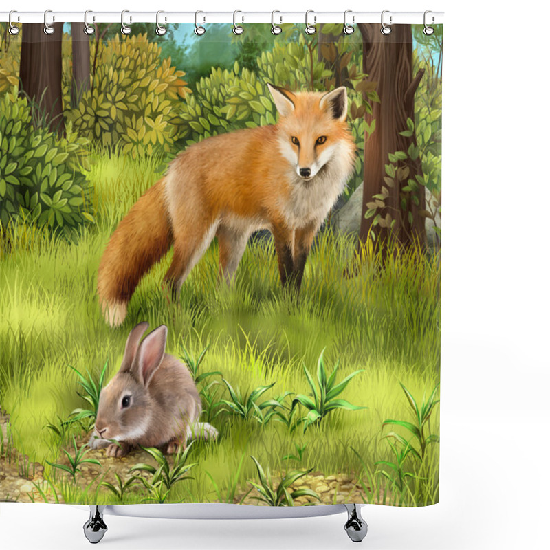 Personality  Gray Hare Eating Grass. Hunting Fox In The Forest. Shower Curtains