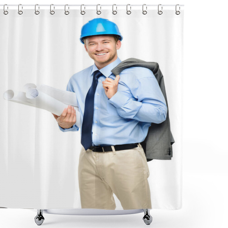 Personality  Happy Young Businessman Architect On White Background Shower Curtains