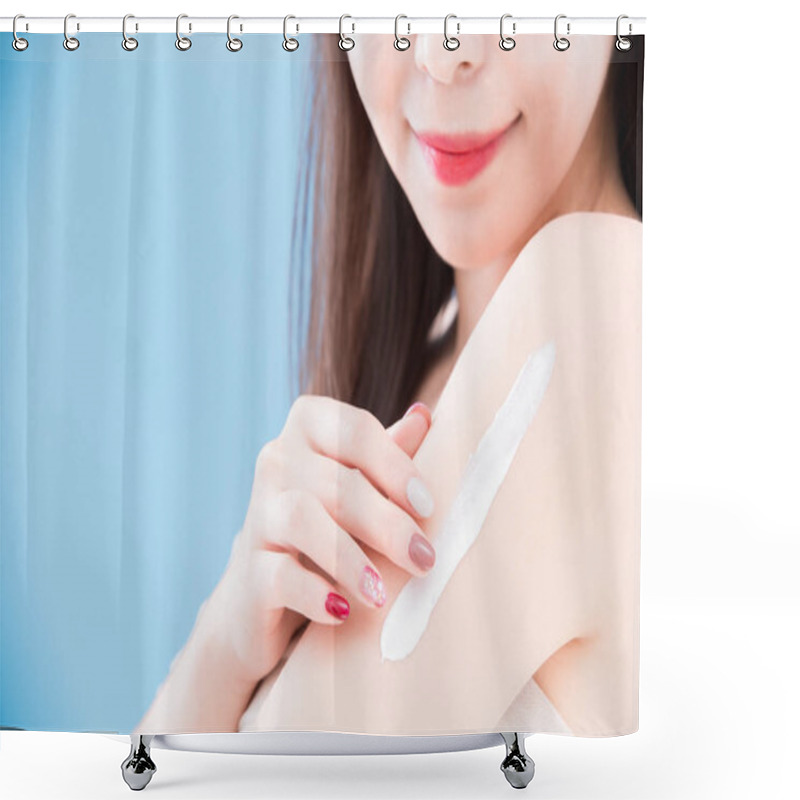 Personality  Woman Applying  Sunscreen On The Blue Background Shower Curtains