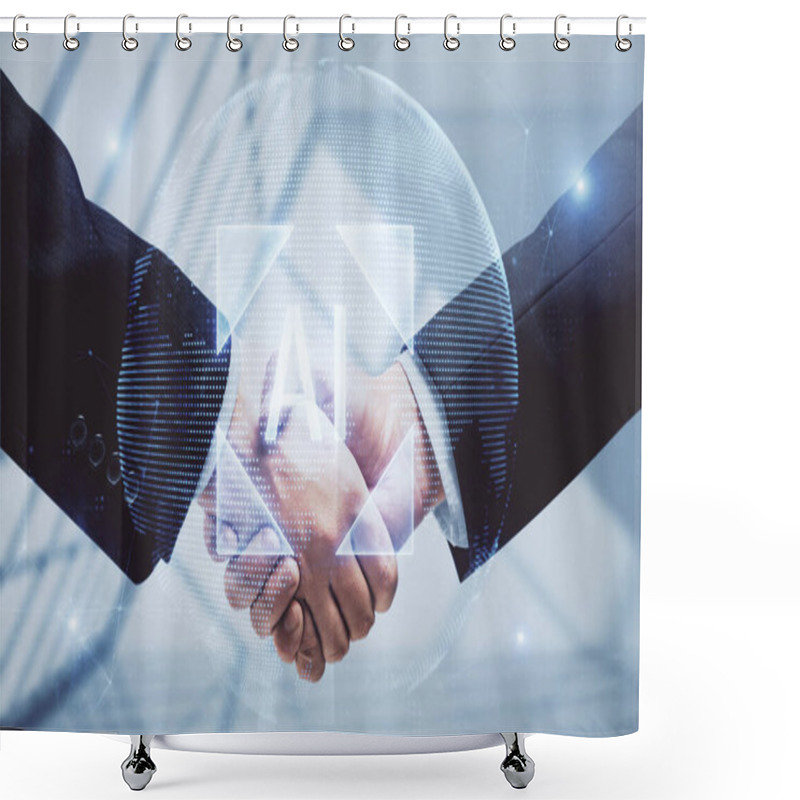 Personality  Double Exposure Of Data Theme Hologram And Handshake Of Two Men. Partnership In IT Industry Concept. Shower Curtains