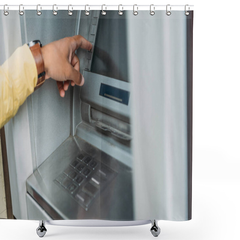 Personality  Cropped View Of Mixed Race Man Pressing Button On Atm Machine  Shower Curtains