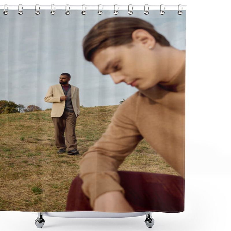 Personality  Two Handsome Men Sport Trendy Autumn Outfits While Enjoying A Peaceful Moment In The Fields. Shower Curtains