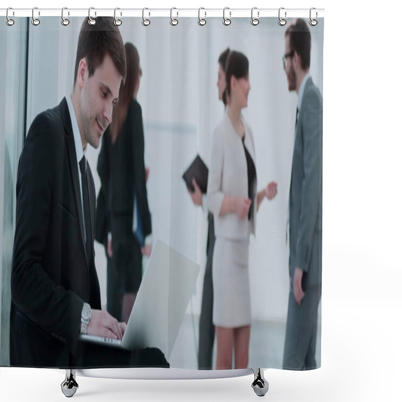 Personality  Communication Concept:businessman Working With Laptop On The Kne Shower Curtains